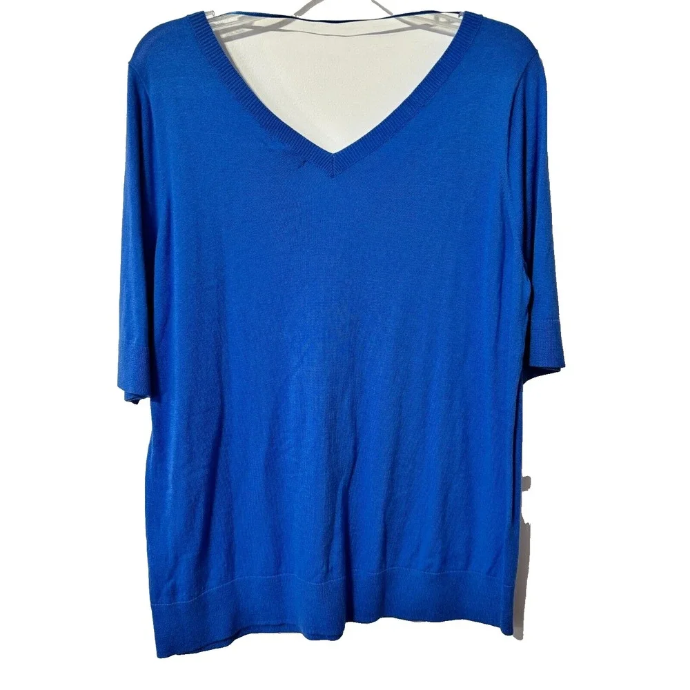Halogen Womens‎ XXL V-Neck Short Sleeve Sweater Blue Camp Cotton Blend Lagenlook